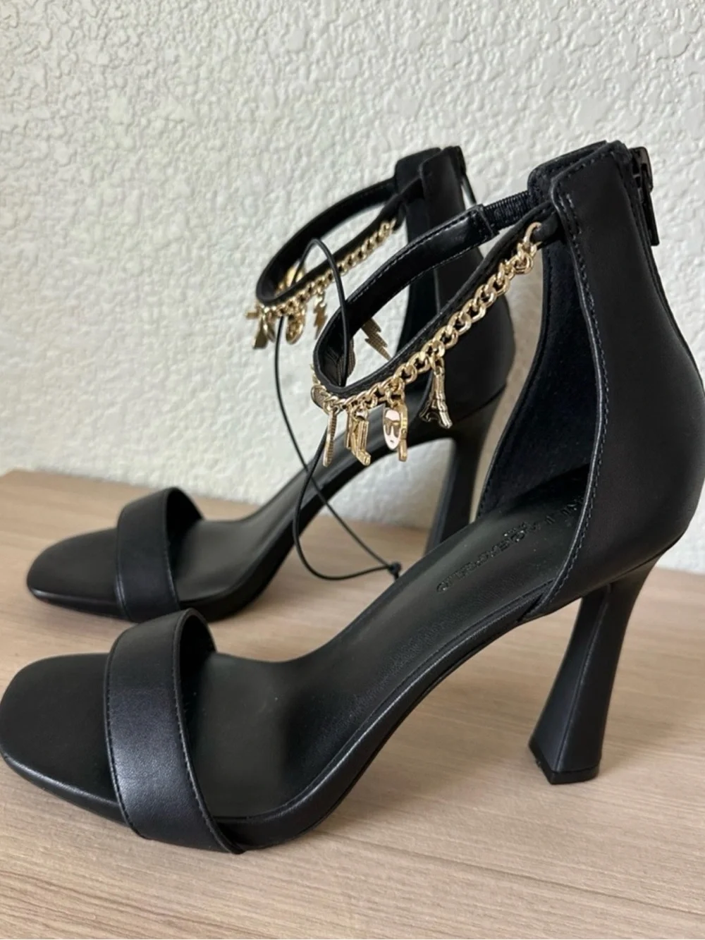 Karl Lagerfeld Black High Heel Ankle-Strap Shoes with Gold Charm Chain